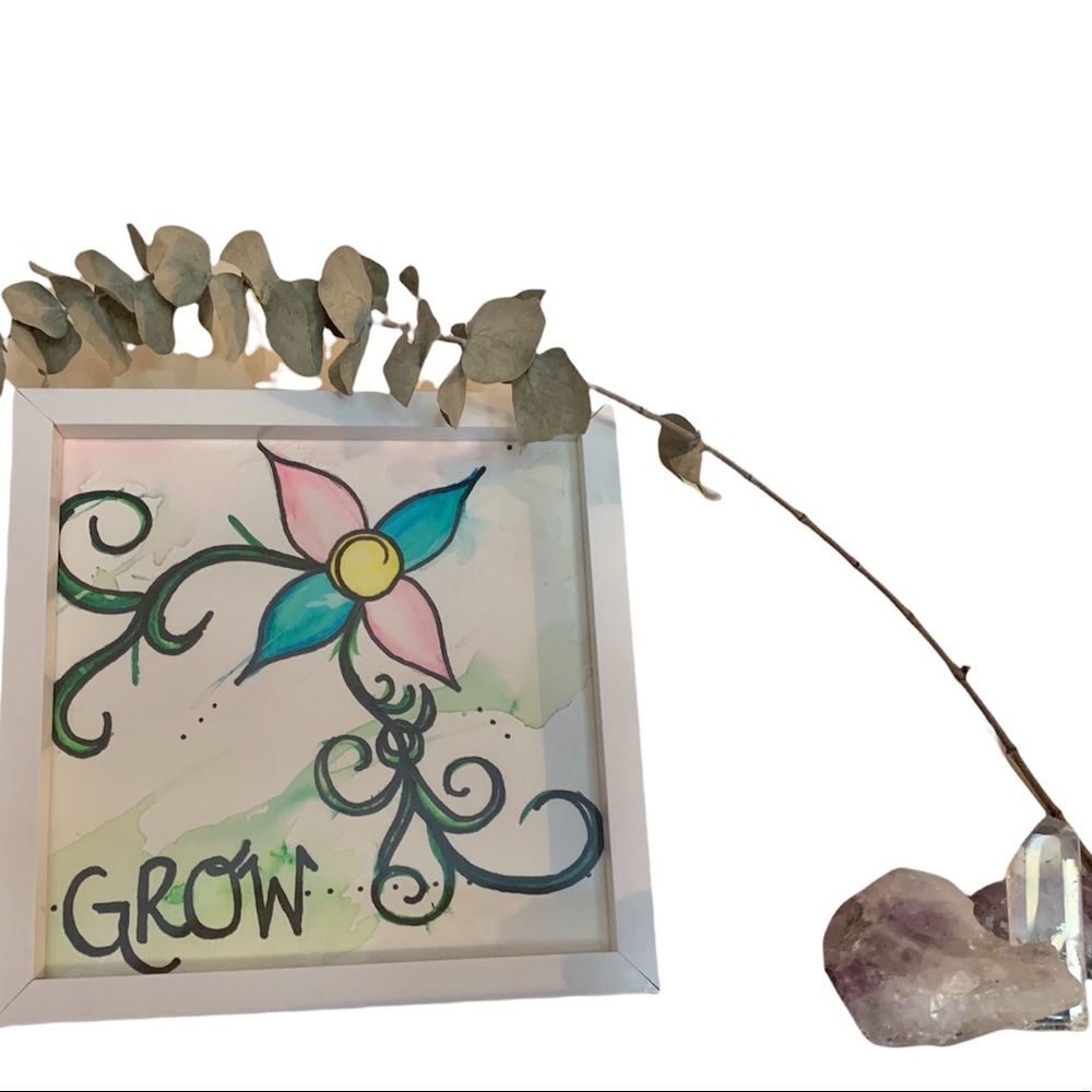 Watercolor Flower Art Work. Grow. Handprinted. Wall Decor. Wall Hanging